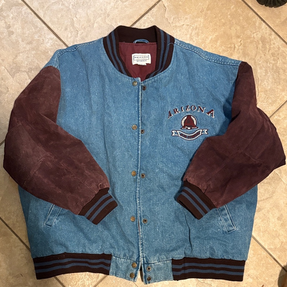 Arizona Jean Company Denim and Maroon Varsity Jacket